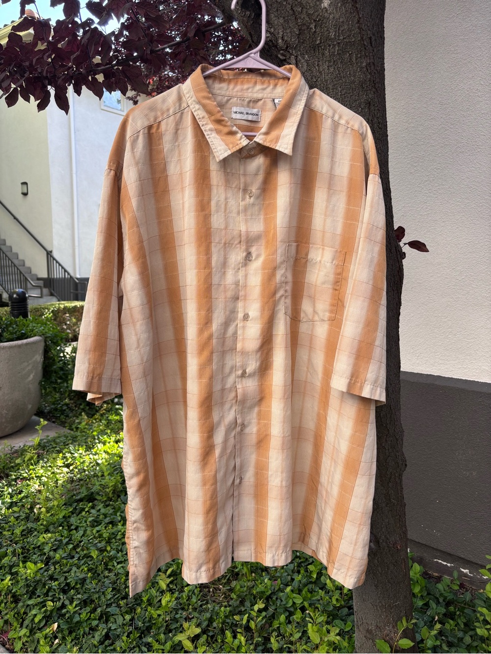 Michael Brandon Men's 4XLT Casual Button-Down Shirt Orange Plaid Polyester Short